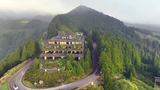 Aerial shot abandoned Monte Palace hotel in Azores, Sao Miguel. Portugal