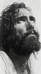 Charcoal sketch of Jesus Christ. Man with long hair and beard. Savior. Concept of faith, spirituality, Easter, divinity, Christian beliefs, resurrection, religious. Black and white Artwork. Vertical