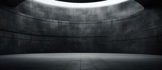 A circular window stands out against a dark, abstract concrete background. The smooth interior architectural design creates a striking contrast in this black and white photo.