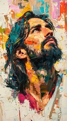 Oil painting of Jesus Christ. Man with long hair and beard. Savior. Concept of faith, spirituality, Easter, divinity, Christian beliefs, resurrection, religious. Artwork. Vertical