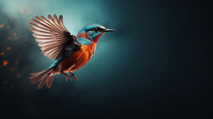 The focus is a brightly colored bird in mid-flight with a magical trail and moody backdrop