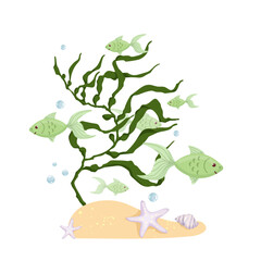 Schools of fish swim at the bottom of the aquarium, a small sea island. Cartoon vector graphics.