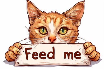 Hungry orange tabby cute cat holding a sign that says "Feed me". Concept of pet care, animal feeding, and humorous pet expressions. Isolated on white background. Art