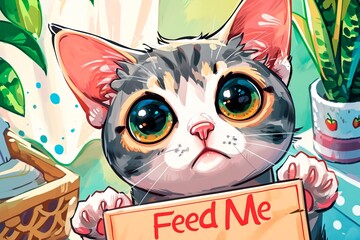 Big eyed hungry kitty asking for food with a sign that says "Feed me". Concept of pet care, animal feeding, funny cats, and humorous pet expressions. Art