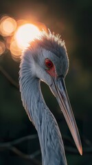 Fototapeta premium A grey crane displays its beak in photorealistic detail against a sky pinked by the setting sun. Close-up of a grey crane under the magical touch of the twilight sun in tonal reproduction.