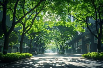 Lush Canopy of Green Trees Arching Over a Bustling Urban Street, Filtering Sunlight onto the...