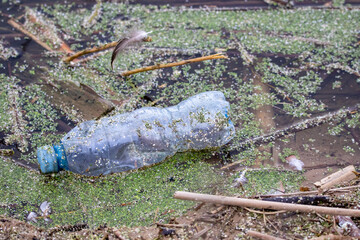 Plastic garbage in the river or lake. environment concept
