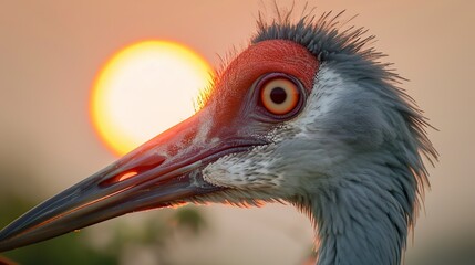 A grey crane displays its beak in photorealistic detail against a sky pinked by the setting sun. Close-up of a grey crane under the magical touch of the twilight sun in tonal reproduction. - obrazy, fototapety, plakaty