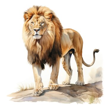 African lion. Lion clipart. Watercolor illustration. Generative AI. Detailed illustration.