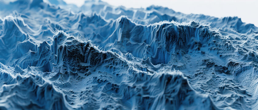 A digitally rendered abstract image resembling a cold, icy landscape with monochrome blue hues