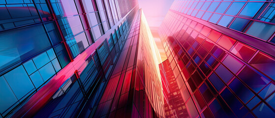 A tinted glass building facade stands against a gradient sky, reflecting themes of innovation and technology