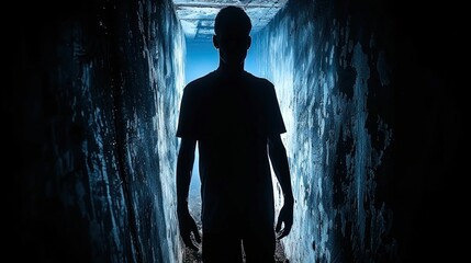 Man Standing in Dark Tunnel - obrazy, fototapety, plakaty