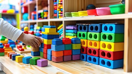 Child Playing With Colorful Blocks in Store