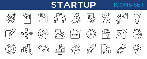Startup icon set. Creative, business plan, idea, innovation, marketing. Vector illustration