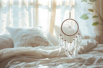 A wooden dream catcher made of twigs hangs above a bed with hardwood flooring. It adds an artistic touch to the bedroom decor, complementing the linens and bedding - obrazy, fototapety, plakaty