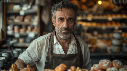man with a white shirt and apron stands in front of a stand. He is smiling and he is happy. A crazy man opened a delicatessen, breakfast products are sold in the deli, wearing a white apron