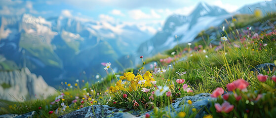 A serene alpine meadow brimming with colorful wildflowers overlooking mountains