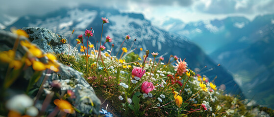 Vibrant pink and orange flowers blanket an alpine meadow, with a majestic mountain range in the soft-focus background - obrazy, fototapety, plakaty
