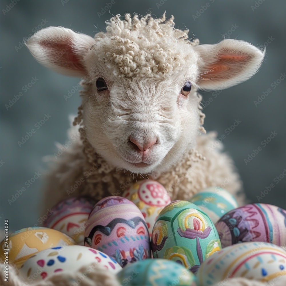 Poster a sheep next to a colorful pile of easter eggs in a field.