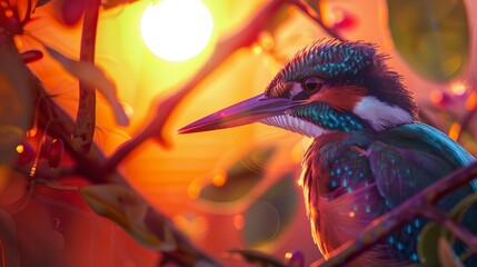 A kingfisher displays its beak in photorealistic detail against a sky pinked by the setting sun. Close-up of a kingfisher under the magical touch of the twilight sun in tonal reproduction.