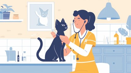 Banner Veterinarian doctor with small gray Scottish kitten in his arms in medical animal clinic. Copyspace for text.