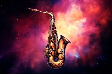 Harmonious Saxophone galaxy. Brass musical instrument on a dark background. Generate AI - obrazy, fototapety, plakaty