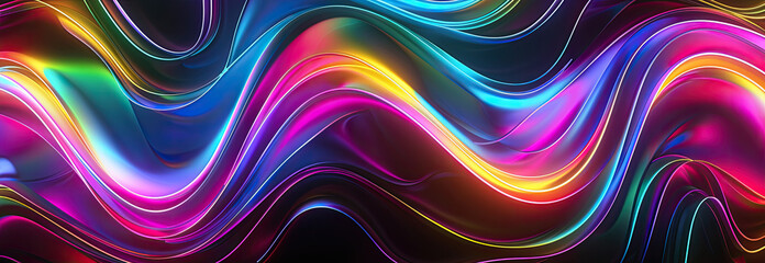 This image features colorful wavy lines of neon light creating a sense of motion and flow in a dark environment