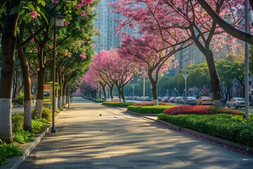 Sidewalks Lined with Flowering Trees in Full Bloom, Transforming Urban Paths into Green Oases, Reflecting the Spirit of Earth Day in the City