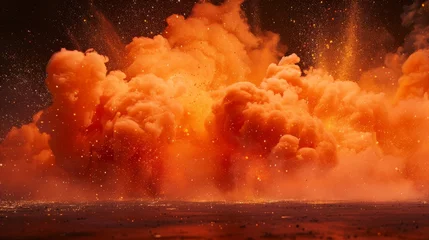 Fotobehang Dynamic, fiery orange smoke bursting against a night-like background, with vibrant ground lighting. © furyon
