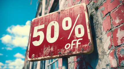 a red sign with the words 50 % off under a blue sky with clouds in the background - obrazy, fototapety, plakaty