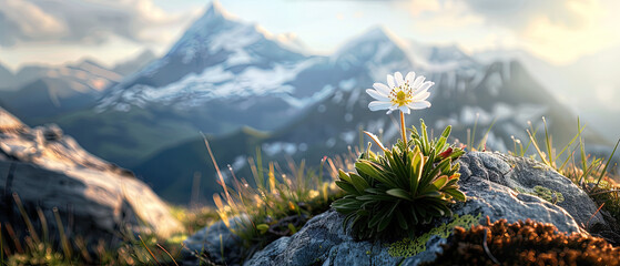 A single white flower in the foreground with majestic snow-capped mountains in the distant background, symbolizing tranquility and purity - Powered by Adobe