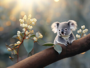słodka mała koala odpoczywająca na drzewie - obrazy, fototapety, plakaty