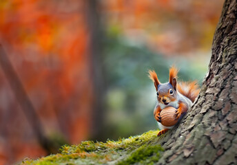 Piękna mała wiewiórka, jedząca orzecha przy pniu drzewa, piękne barwne kolory - obrazy, fototapety, plakaty