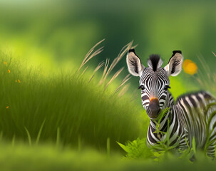 Słodka zebra spokojnie przyglądająca się w trawie. - obrazy, fototapety, plakaty
