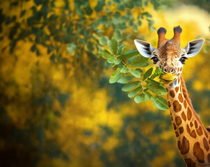 Słodka żyrafa jedząca liscie wpatrująca się w nas - obrazy, fototapety, plakaty