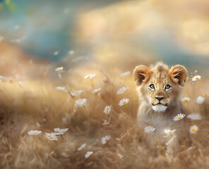 Mały słodki lew przyglądający się w trawie, słodkie oczy, piękna barwne tło - obrazy, fototapety, plakaty