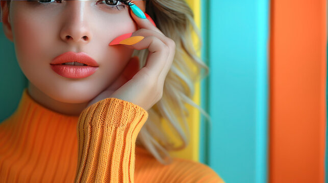 An illustration of the left side of a sensual girl's face with an accent on the design and color of painted nails