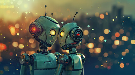 A heartfelt portrayal of two robots with glowing red eyes sharing an intimate moment against the backdrop of a blurry cityscape