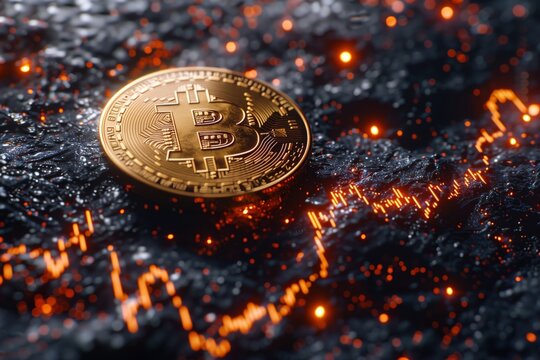 Cryptocurrency Evolution: Golden Bitcoin Amidst Vibrant Network Activity on Circuit Board