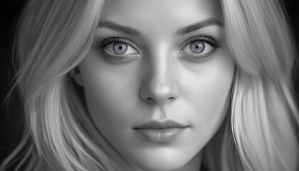 Pop-art framework, black and white close-up portrait of a young blonde model with deep purple eyes