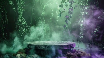 Enchanted forest podium with magical green and purple smoke background, perfect for fantasy book releases or game launches.