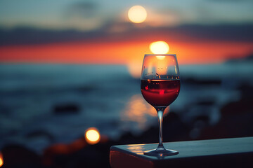 Wine glass on table by ocean at sunset, reflecting sky and clouds in its liquid