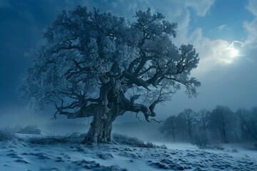 The ancient oak, frozen in time, captured by the moonlight white raw, untamed, and sapphire unyielding force of a cold, icy blizzard
