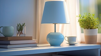 Pastel blue nightstand with lamp and a stack of pastel-covered journals