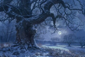 The ancient oak, frozen in time, captured by the moonlight white raw, untamed, and sapphire unyielding force of a cold, icy blizzard - obrazy, fototapety, plakaty