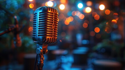 vintage microphone on purple spot lighting background, live music or podcast wide banner, Retro microphone on stage with colorful bokeh background. Music concept. generative AI