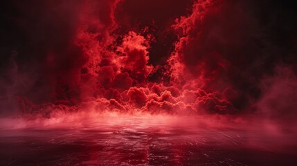 Explosive, crackling red smoke against a dark, ominous background, with intense ground lighting.