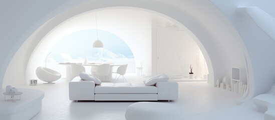 A living room filled with various pieces of furniture like sofas, chairs, and tables completely covered in a thick layer of snow. The snow has drifted indoors through open windows, creating a unique