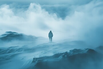 The lost explorer in winter, frozen in time, captured by the blizzard white raw, untamed, and iceberg blue unyielding force of a cold, icy blizzard - obrazy, fototapety, plakaty