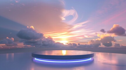Floating circular podium with a dynamic, swirling sky background, for futuristic product displays.